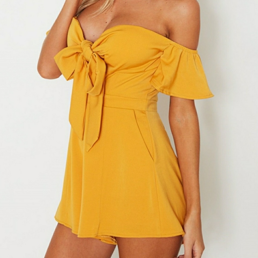 Off Shoulder Front Tie Romper Mustard - Picture 2 of 5